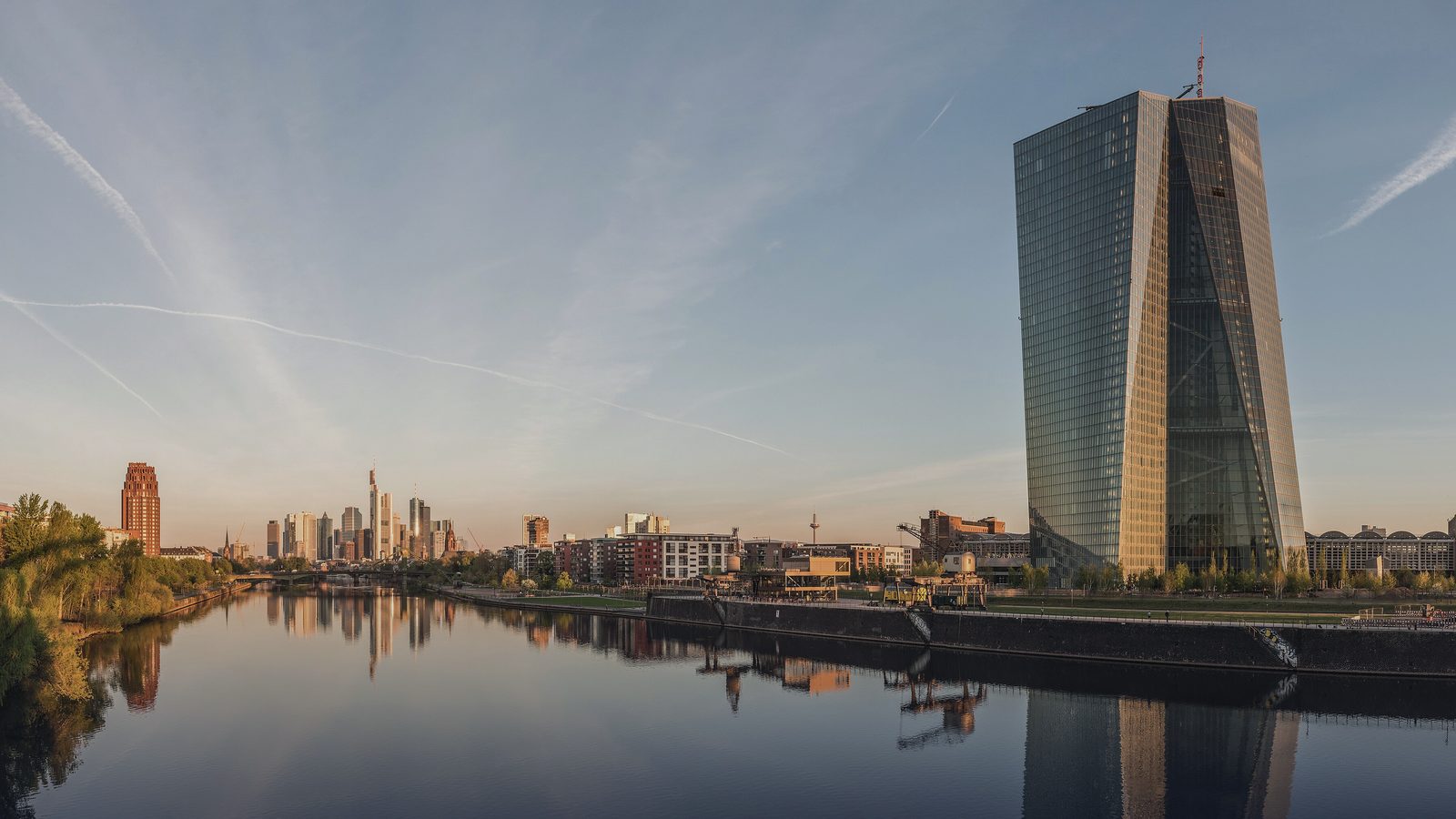The European Central Bank tower and Frankfurt skyline at dawn