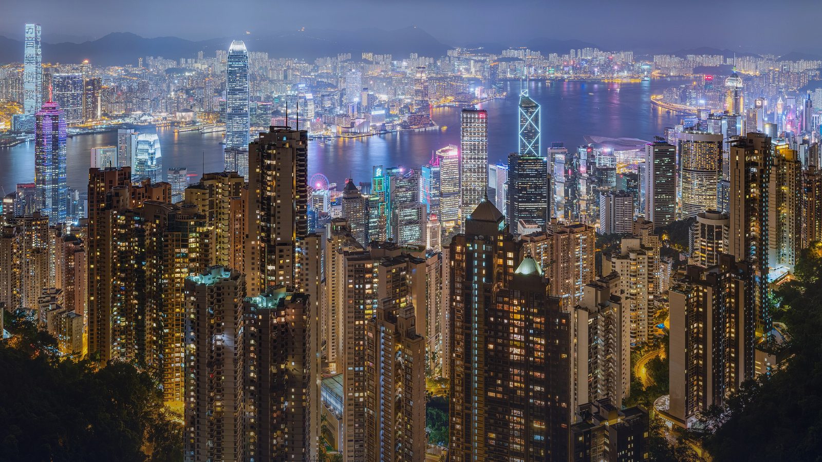 Hong Kong's skyline and harbour at night from Victoria Peak