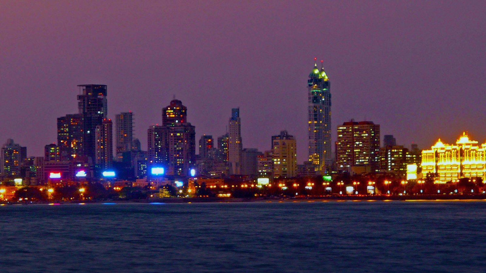 Mumbai's skyline at night across Back Bay