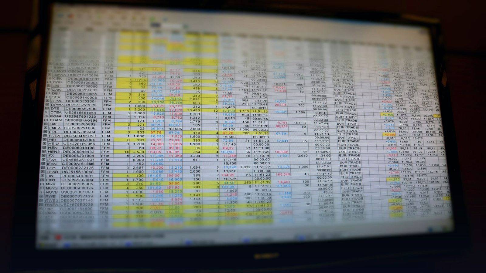 A wall-mounted screen showing tables of market prices