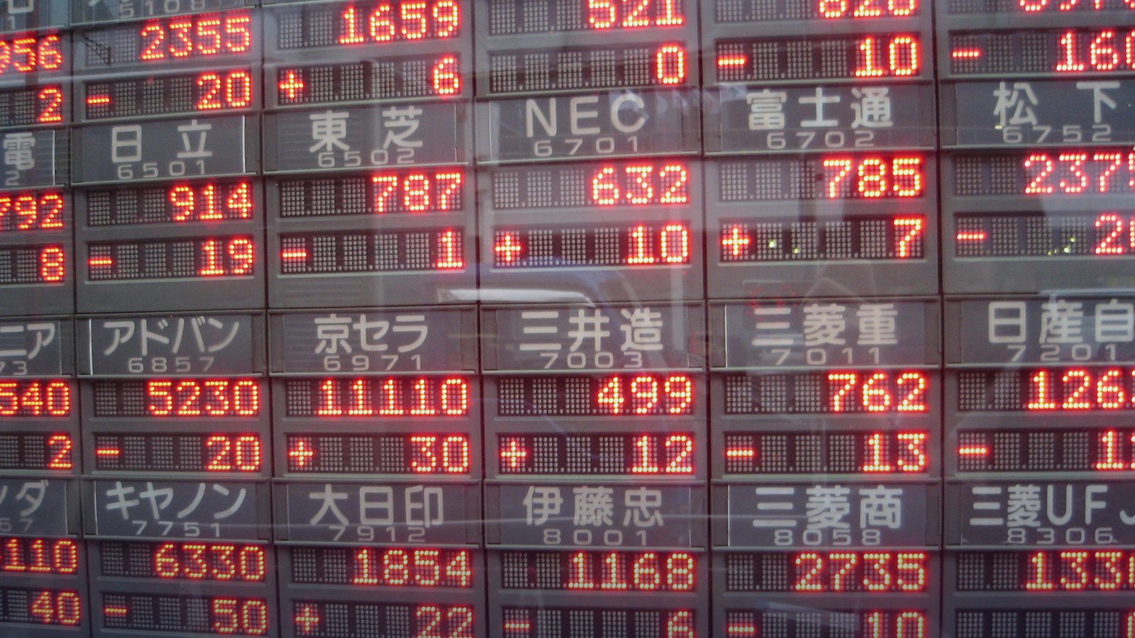 An electronic stock price board in Tokyo's Yaesu district